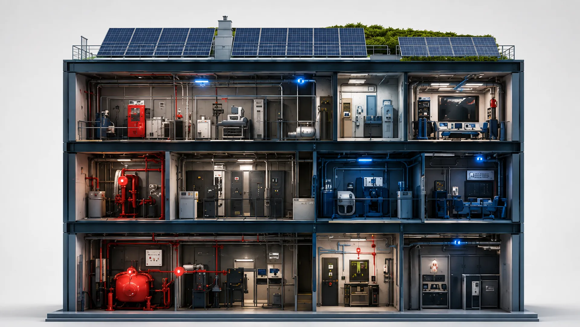 Sezione di un edificio con impianti antincendio, elettrici, di sicurezza, idraulici e chiusure tecniche