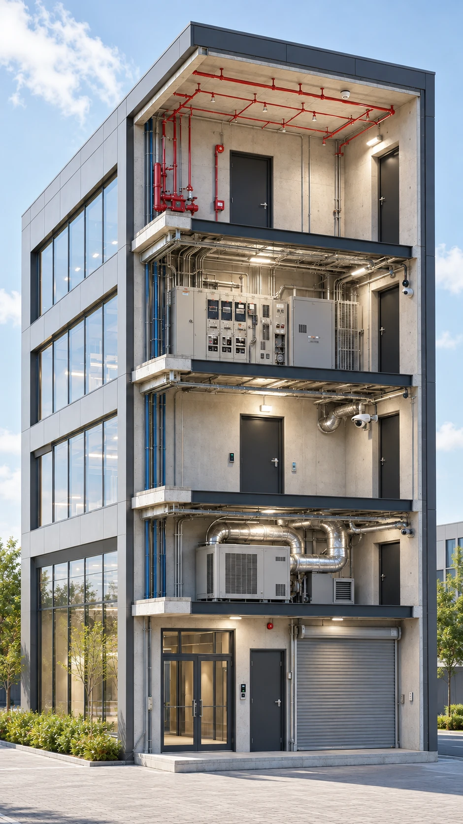 Edificio con gli impianti tecnologici in vista
